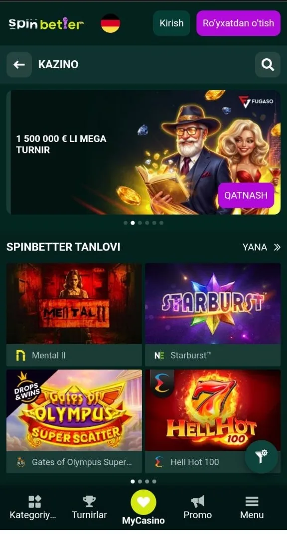 SpinBetter UZ — soʻmdagi hisob bilan ishlaydigan onlayn kazino ekrani